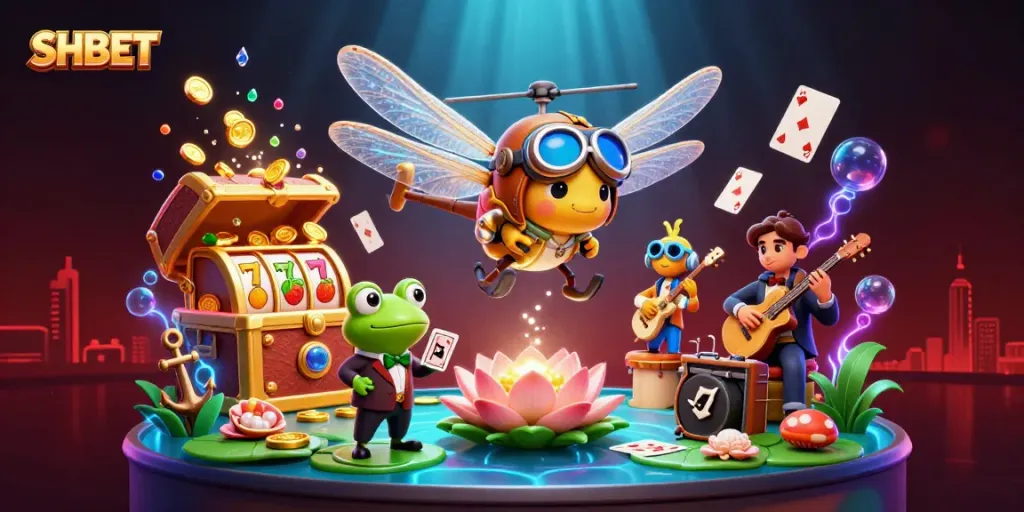 Engaging scene of the SHBET casino featuring a dragonfly pilot and frog dealer amid vibrant underwater elements.