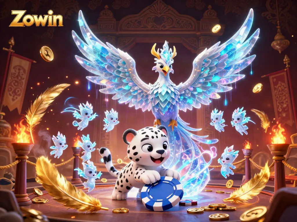 Zowin offers thrilling gaming experiences with a colorful phoenix and playful cub in a vibrant, ice-themed casino.