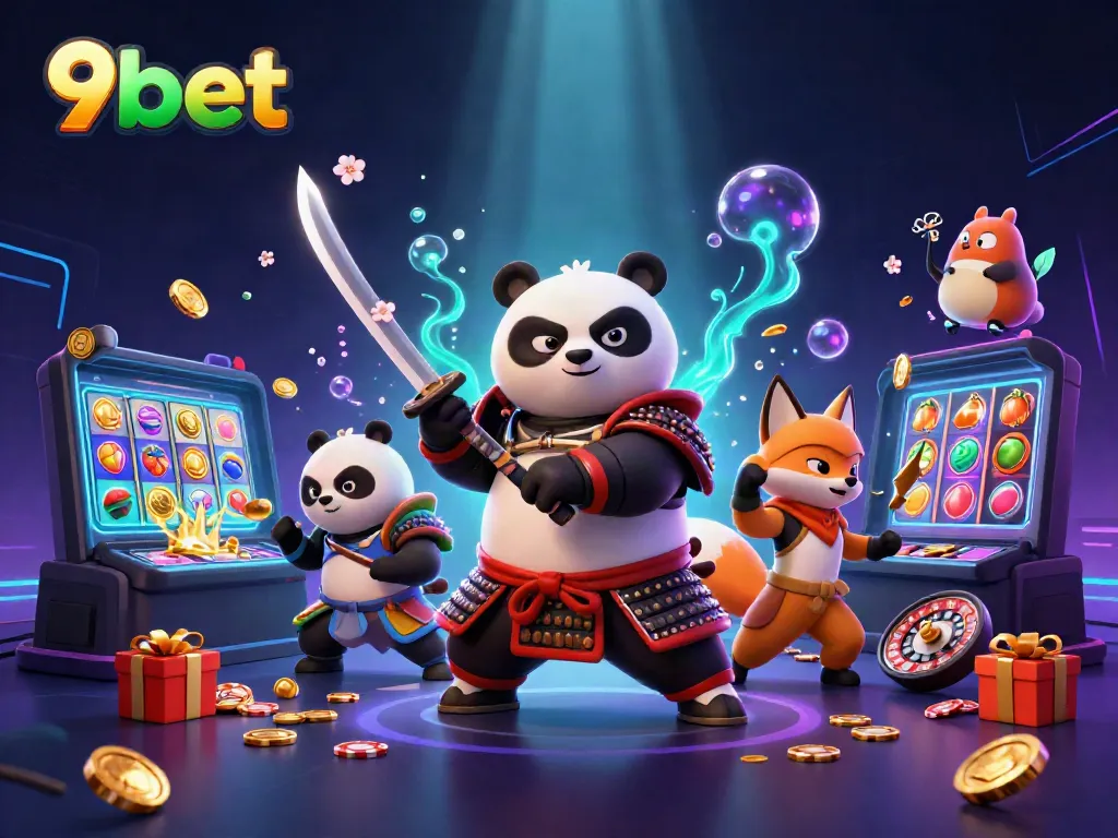 Winning big with 9bet in a vibrant, dynamic casino scene featuring playful characters.