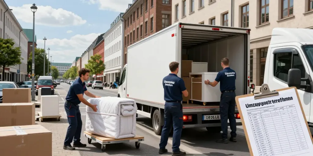 Professional movers loading furniture for an Umzugsunternehmen Berlin in a vibrant urban setting.