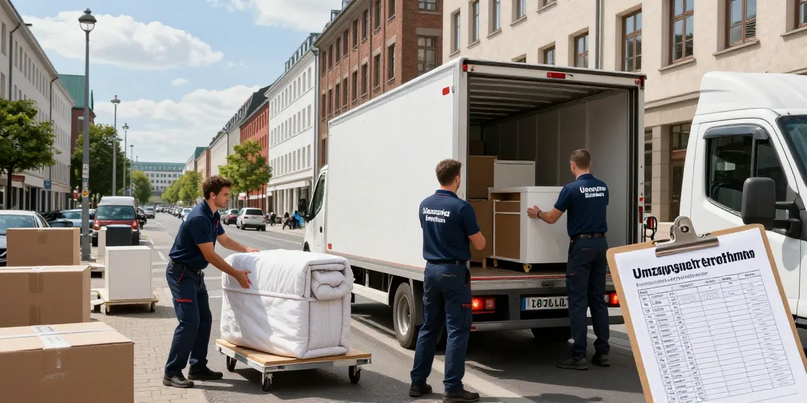 Professional movers loading furniture for an Umzugsunternehmen Berlin in a vibrant urban setting.