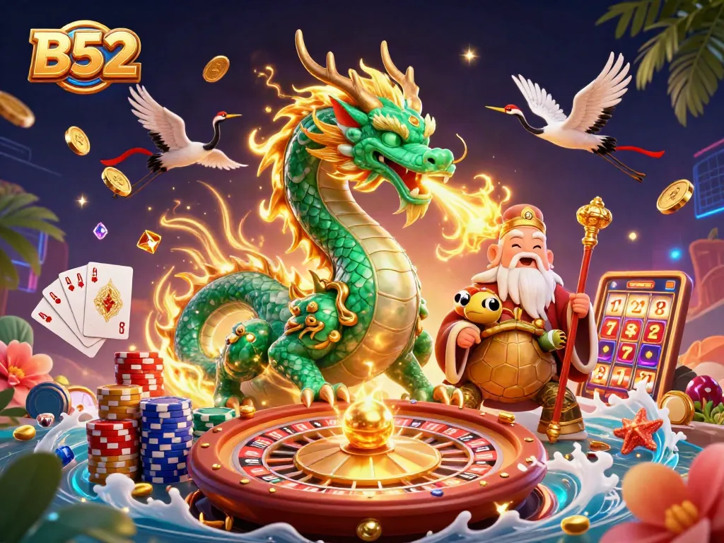 B52-themed vibrant casino illustration featuring a dragon, turtle sage, and lucky cranes with dynamic elements.