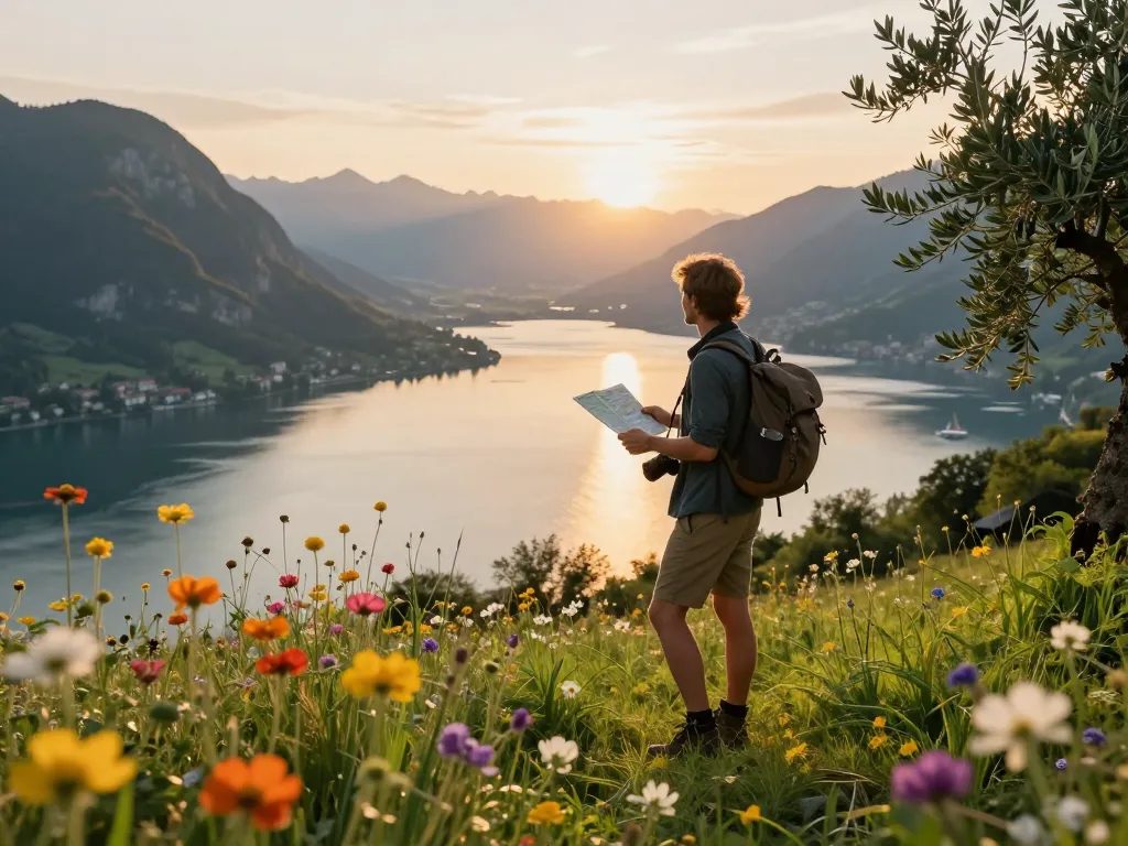 Gardasee Reisetipps: Ein Reisender genießt den Blick auf den Sonnenuntergang über den Gardasee und zeigt malerische Landschaften und Abenteuer.