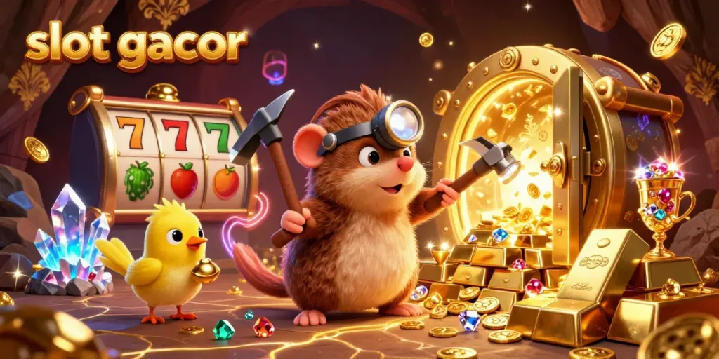 Experience the excitement of slot gacor with a vibrant, treasure-filled casino scene featuring a mole and canary.
