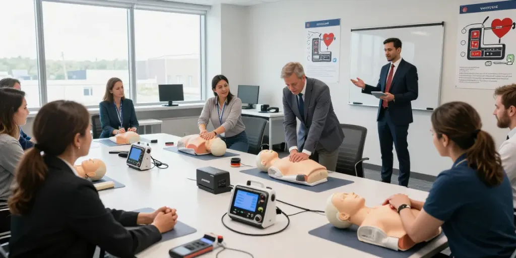 Fachleute lernen den Umgang mit dem AED Defibrillator in einem modernen Trainingsraum.