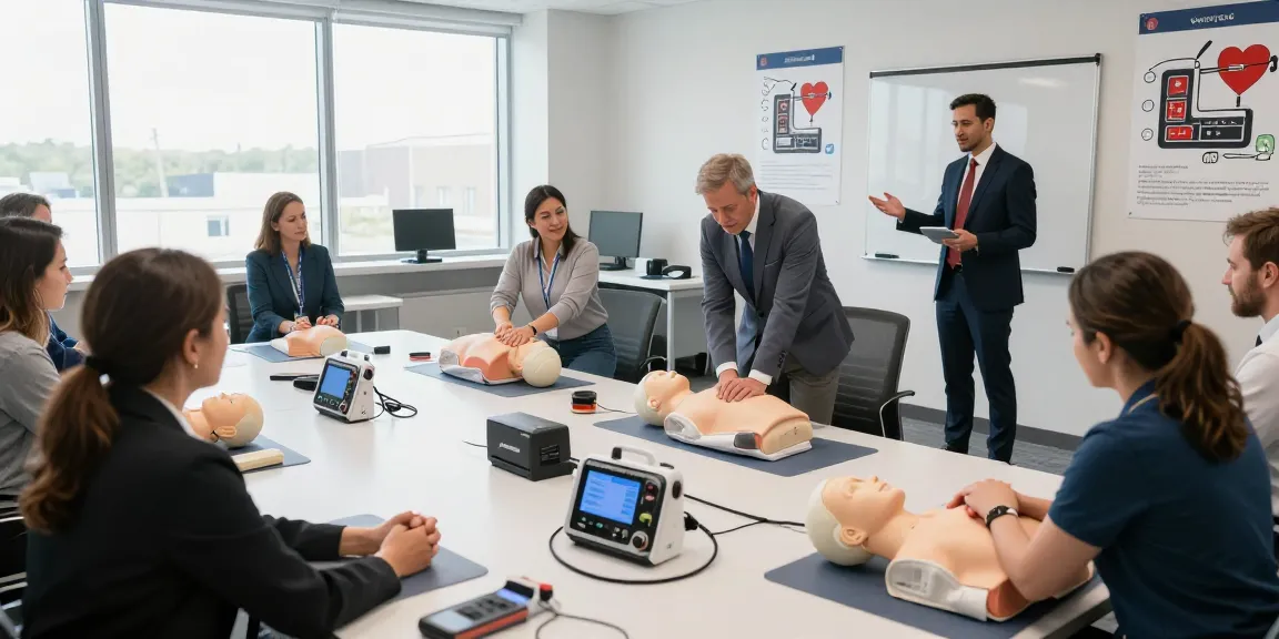 Fachleute lernen den Umgang mit dem AED Defibrillator in einem modernen Trainingsraum.