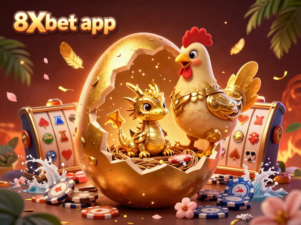 Experience the excitement of betting with the vibrant 8Xbet app showcasing a golden dragon amidst gaming riches.
