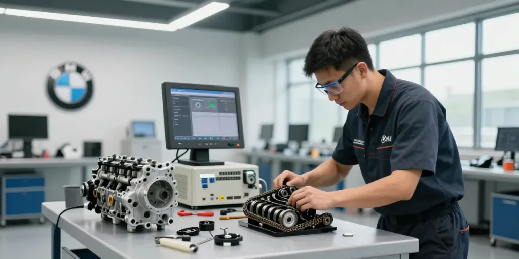 BMW Werkstatt Hannover mit Mechaniker, der an einem Motor arbeitet und hochwertige Diagnosetechnik verwendet.