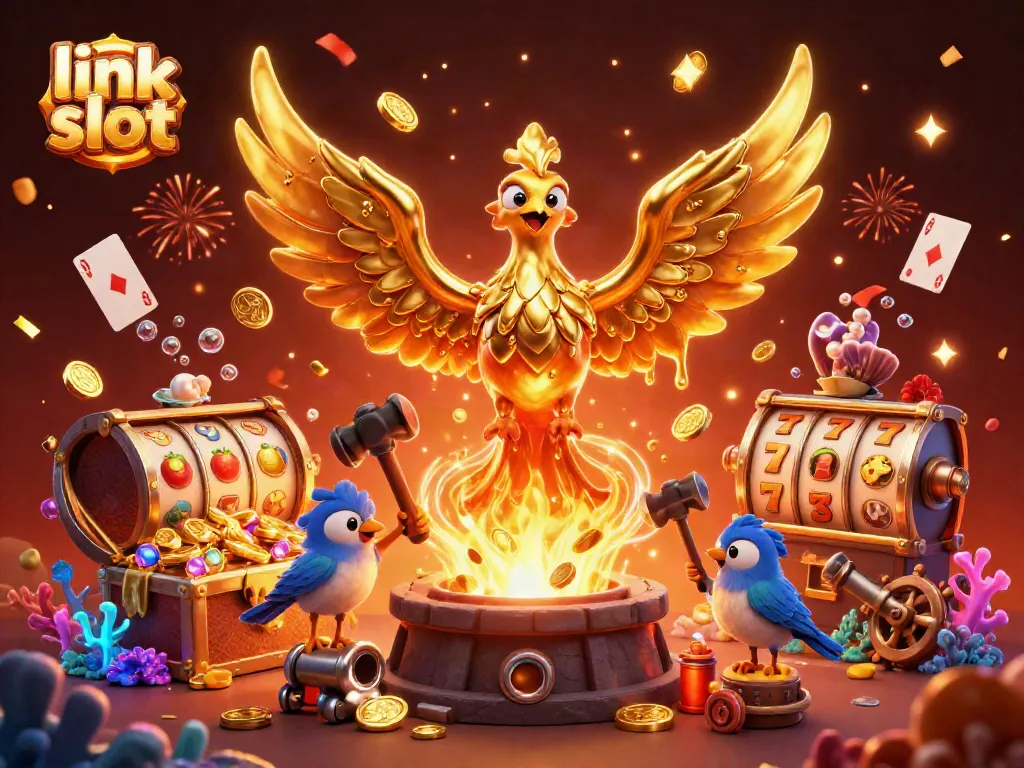 Engage with the link slot dynamics in a vibrant 3D illustration featuring a golden phoenix and slot symbols.