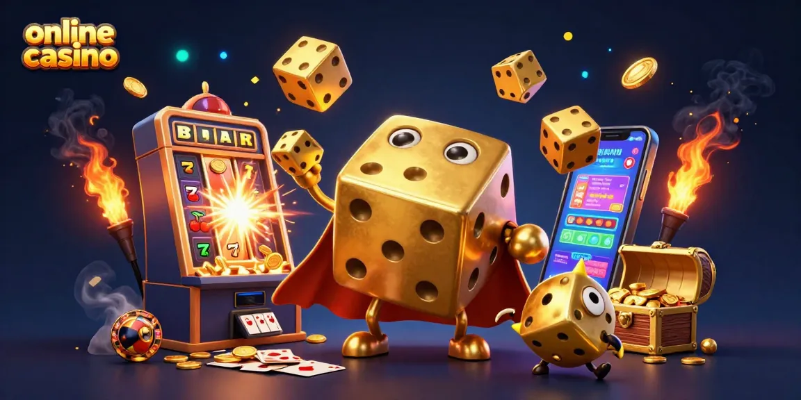 Engage with exciting online casino activities featuring golden dice, slot machines, and dynamic game elements.