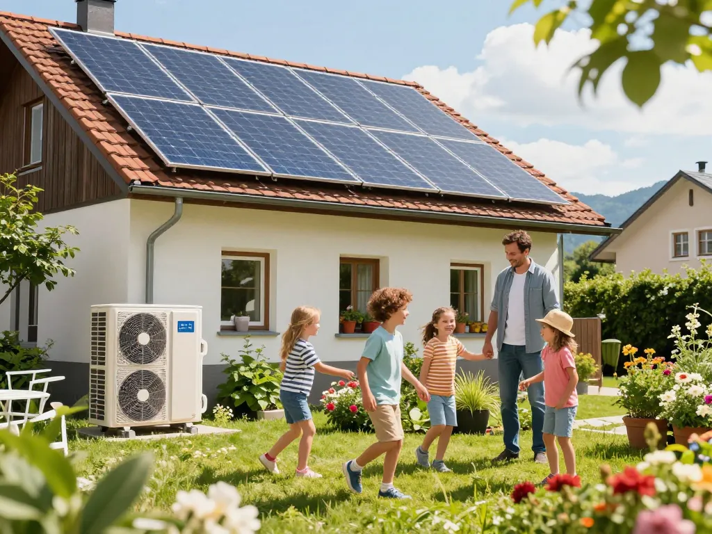 Photovoltaik Bayern - Familie genießt nachhaltige Energie mit Solarpanels und Wärmepumpe in sonnigem Bayern.