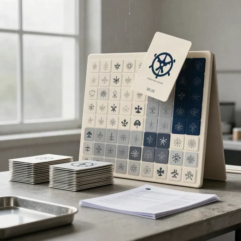 Allergen-Symbolpanel mit Icon-Kacheln, Verpackungshüllen und Compliance-Ordner im hellen Prep-Studio.