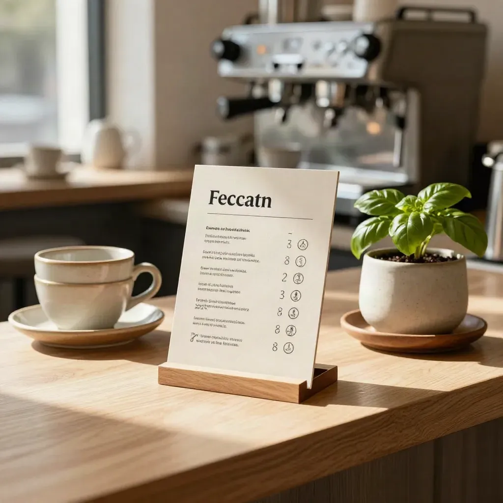 Café-Theke mit Menü-Legenden, Keramiktassen, Basilikum und unscharfer Espressomaschine