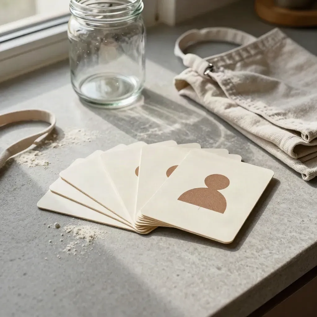 Allergenkarten neben einer Mehlschürze, Glasgefäß und Leinen auf Steintresen mit warmem Licht.