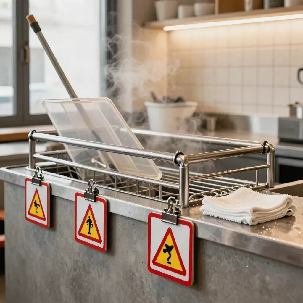 Warnschild am Edelstahlregal neben Moppeimer und Tüchern, Dampf im Reinigungsbereich.