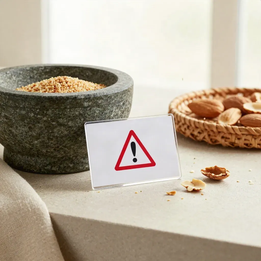 Allergen-Symbolkarte für Nüsse und Sesam neben Mörser und Krümeln