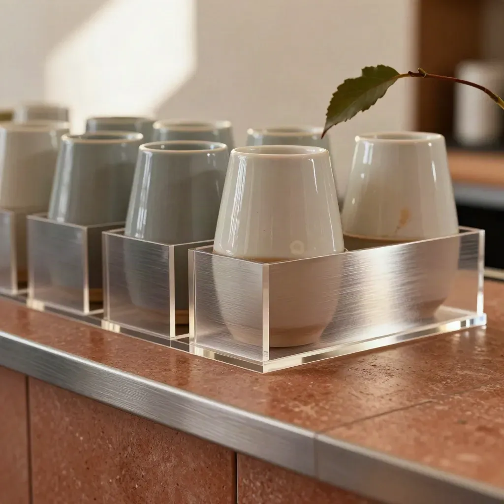 Makro einer Café-Theke mit Acryl-Haltern, Tassenstapel und Zweig im warmen Licht.