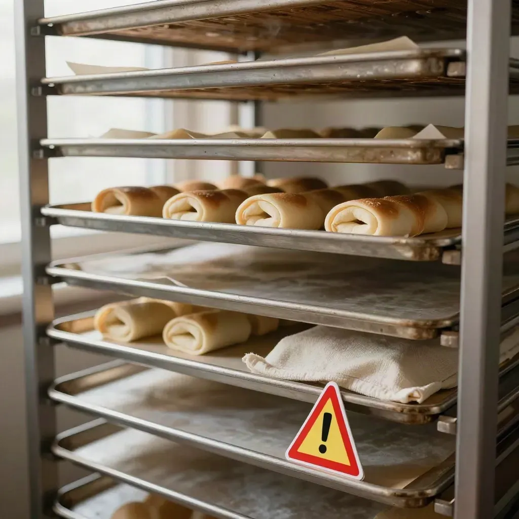 Marker-Disc vor Backblechen auf einem warmen Bäckereiregal mit Dampf und Pergamentrollen.