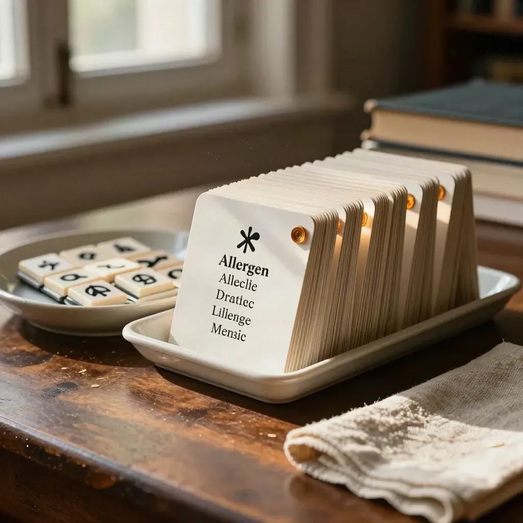 Symbolkarten mit Tabs, Keramikschale und Leinentuch auf einem Bibliothekstisch.