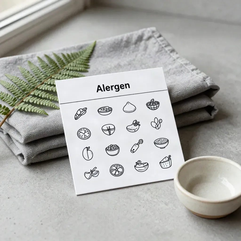 Allergen-Symbolkarte mit Farn, grauem Tuch und kleiner Keramikschale auf Beton.