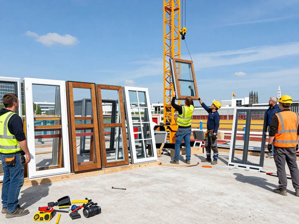 Fachhandwerker, die mit modernen Fensterdesigns im Fensterbau Köln an einem beschäftigten Installationsstandort beschäftigt sind.