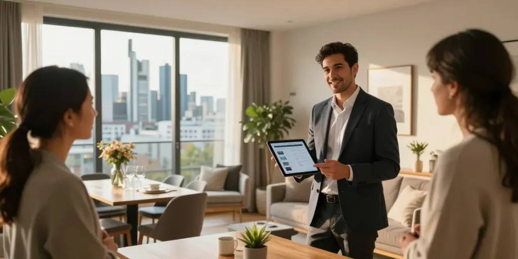Bester Immobilienmakler Frankfurt präsentiert eine stilvolle Wohnung in Frankfurt mit Panoramablick und modernen Möbeln.