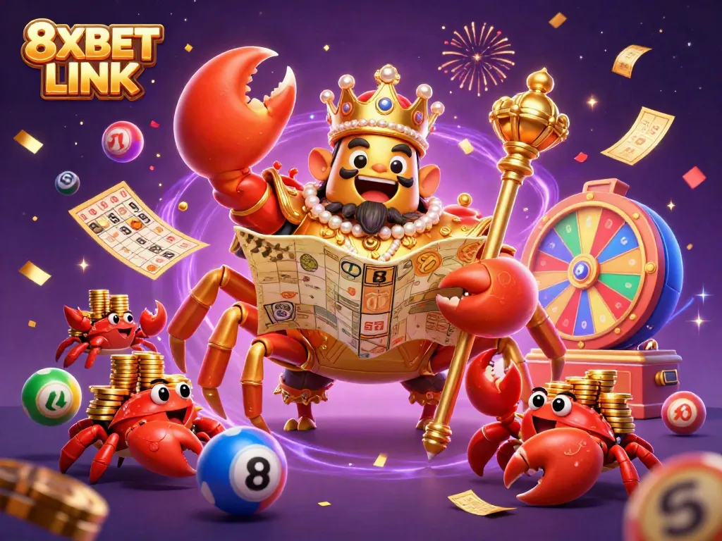 Experience the excitement of 8XBET LINK with a golden crab emperor and vibrant casino themes.