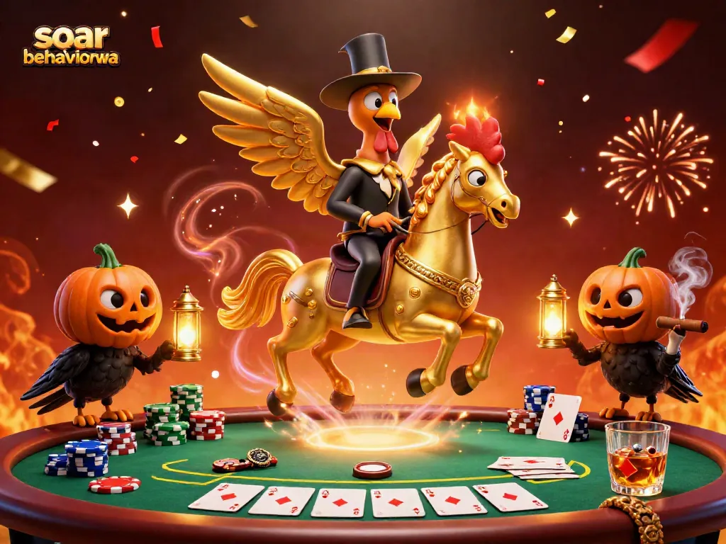 Winning hand at poker in a vibrant casino, featuring soarbehaviorwa's unique golden rooster character.