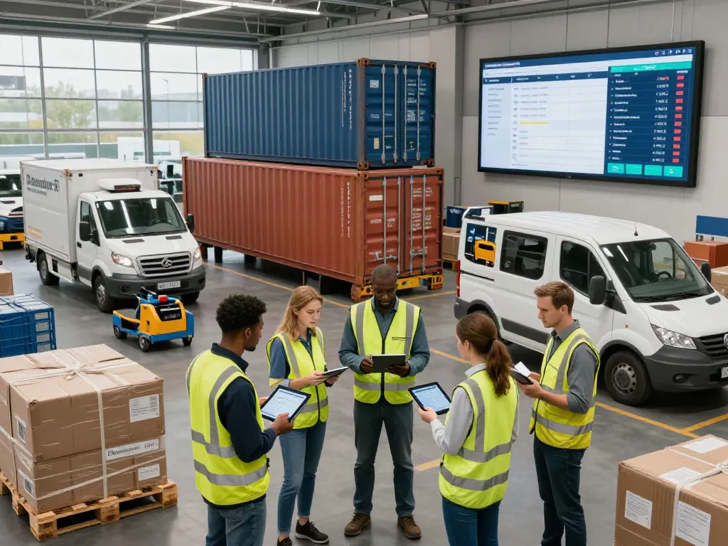 Transportunternehmen in Düsseldorf in einem logistischen Büro, Teammitglieder analysieren Transportpläne mit Tablets.