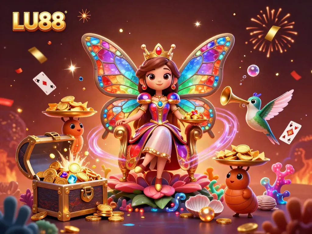 Experience LU88's vibrant casino scene featuring the butterfly queen amidst festive gaming elements.