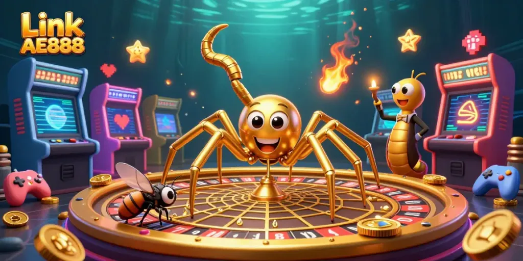 Experience the thrill of betting at Link AE888 with a golden spider roulette wheel illustration.