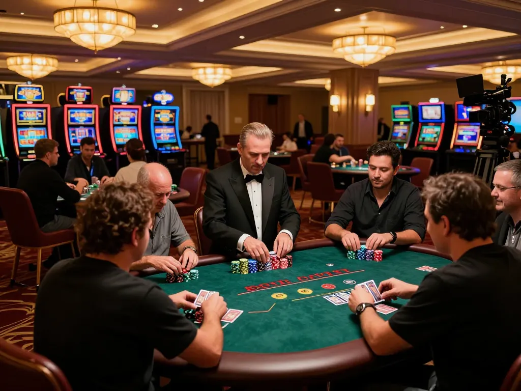 SC888 players engaged in strategic poker gameplay at a luxurious casino.