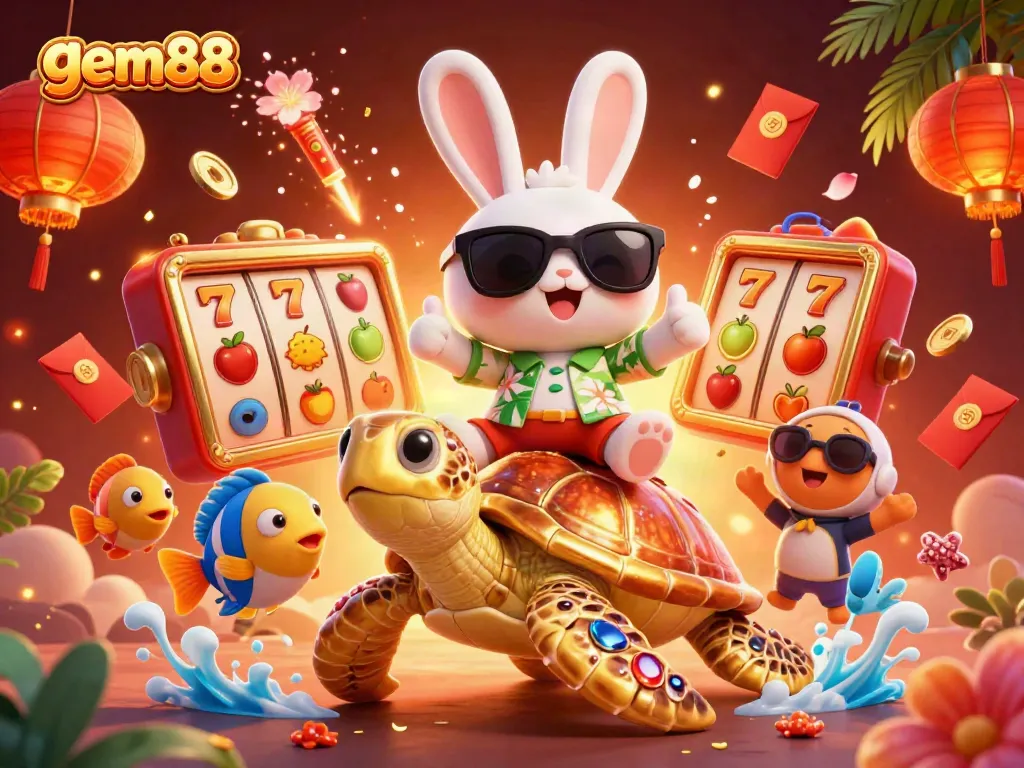 Engage in exciting gameplay at gem88 with a lucky rabbit and golden turtle, surrounded by vibrant slot game elements.