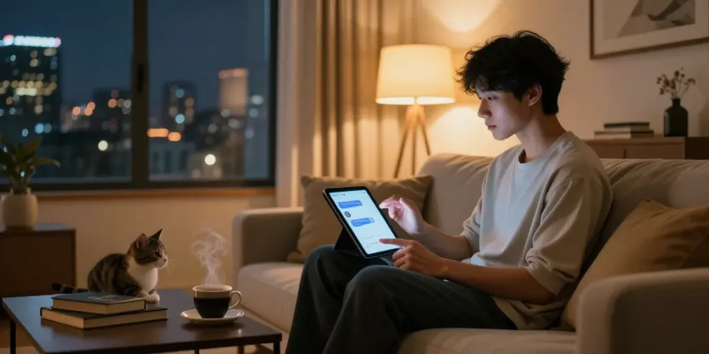 Engaging in a spicy AI chat in a cozy modern living room, showcasing tech lifestyle.