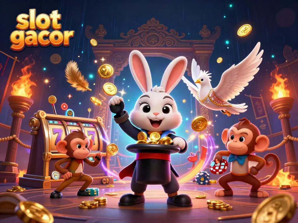Captivating slot gacor scene featuring a magician rabbit, dove, and monkey amidst gold coins and slot reels.