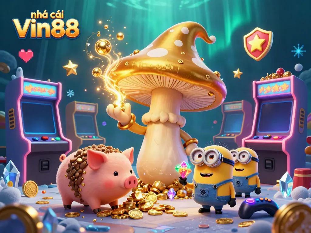 Experience the magic of nhà cái Vin88 with an enchanting golden wizard and treasure-seeking pig in a vibrant casino scene.