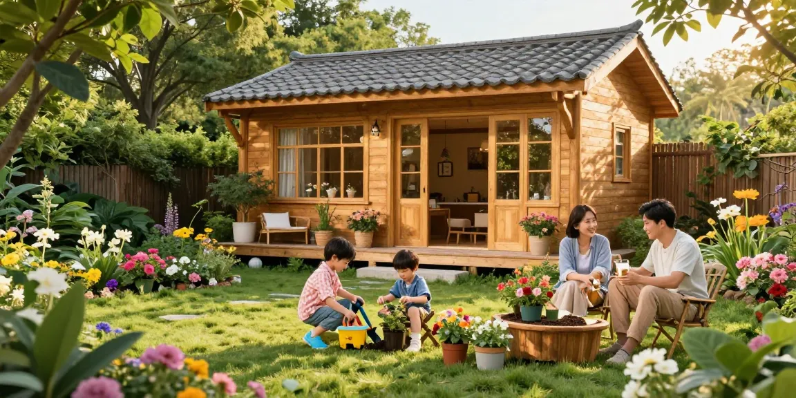 Gemütliches Gartenhaus Holz umgeben von blühenden Pflanzen, perfekt für entspannte Nachmittage.