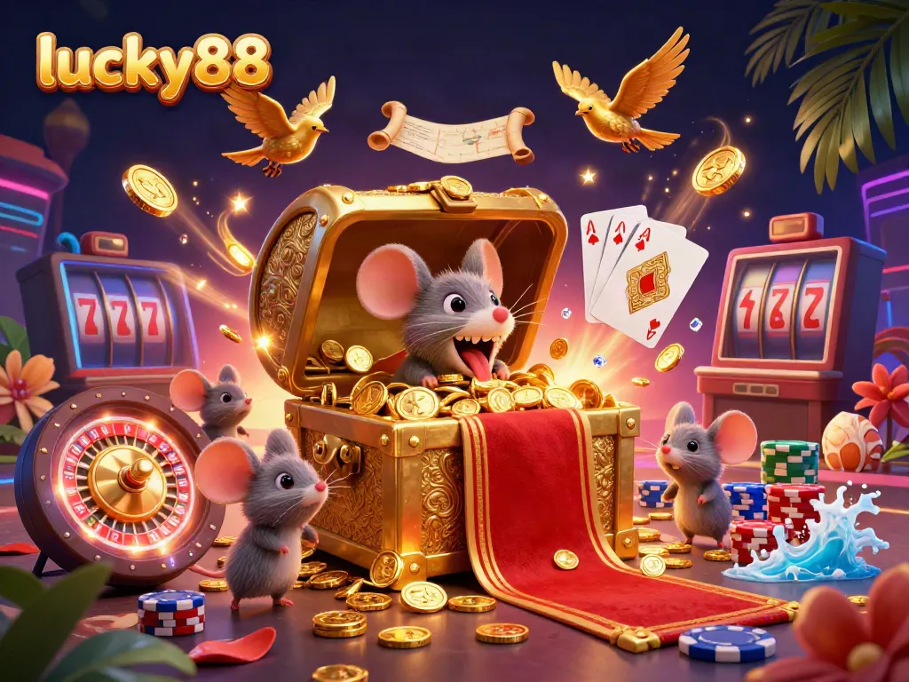 Experience the allure of lucky88 with a treasure chest enticing players, amid cascading coins and vibrant casino elements.