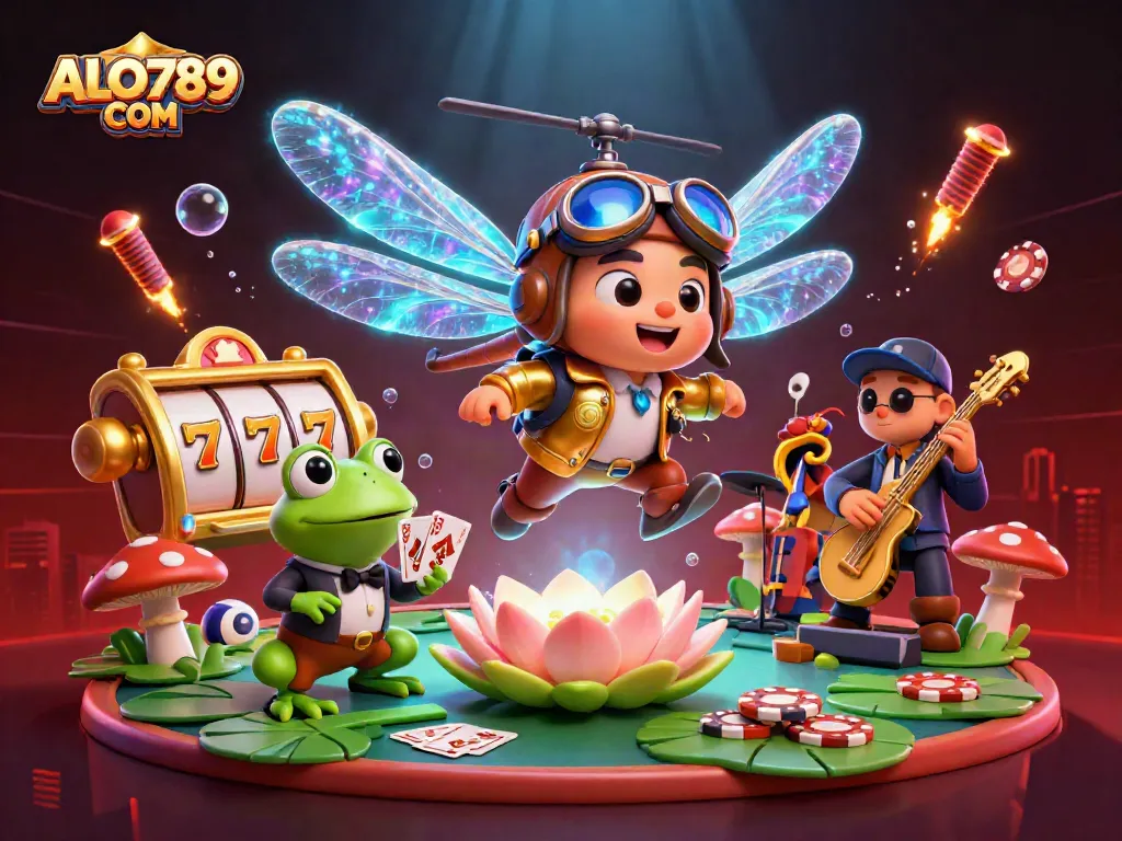 Winning big at ALO789 COM while watching a frog croupier deal cards in a vibrant casino setting.