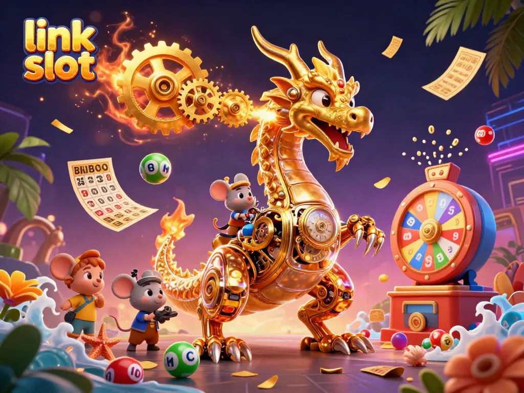 Experience thrilling gameplay with link slot, featuring dynamic golden dragon and vibrant casino elements.
