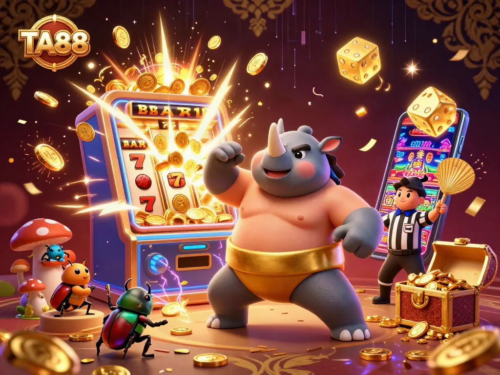 Experience thrilling action with TA88's 3D casino scene featuring a sumo beetle champion and jackpot excitement.