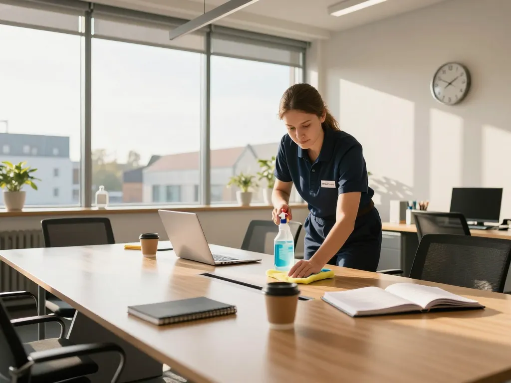 Professioneller Reiniger führt Gebäudereinigung in Dülmen durch und sorgt für ein makelloses Büro-Umfeld.