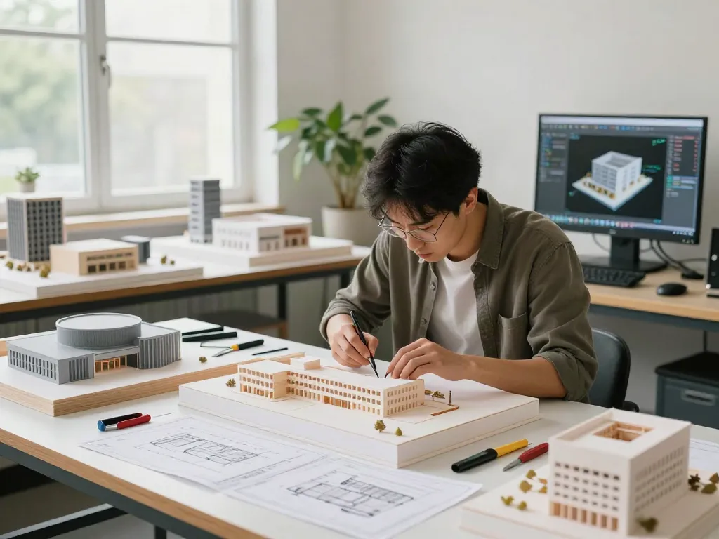 Detailaufnahme des Architekturmodellbaus in Frankreich, Handwerker bei der Modellherstellung.