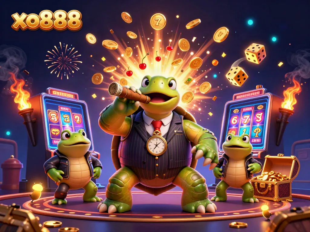 Engage with xo888's vibrant world of slots and jackpots through a dynamic scene featuring a snapping turtle in a mobster suit.