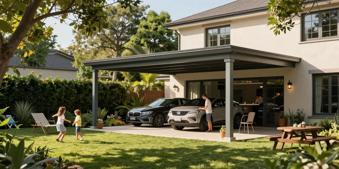Moderne Carport in einem einladenden Garten mit spielenden Kindern und einer Familie bei der Vorbereitung einer Outdoor-Veranstaltung.