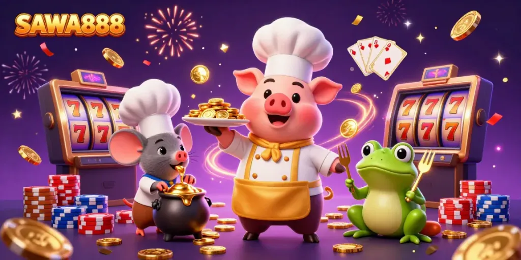 Experience thrilling slots and jackpots at SAWA888 with exciting gold-themed characters and elements.