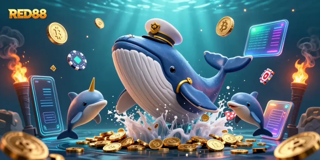 Experience the thrill of RED88 with a playful underwater scene featuring a giant whale, coins, and poker chips.