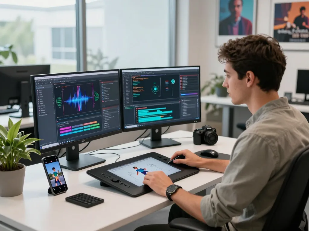 Developer optimizing motion control technology at modern workstation with dual monitors and animation tools.
