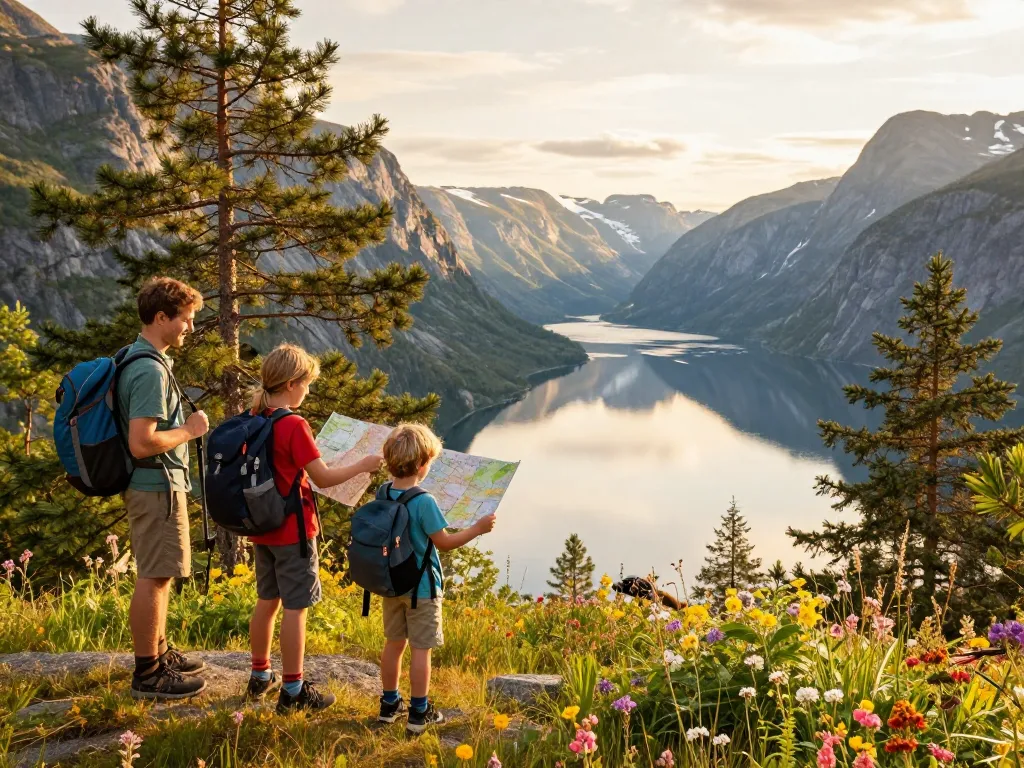 Familie erkundet atemberaubende Fjordlandschaften während des Urlaubs in Skandinavien.