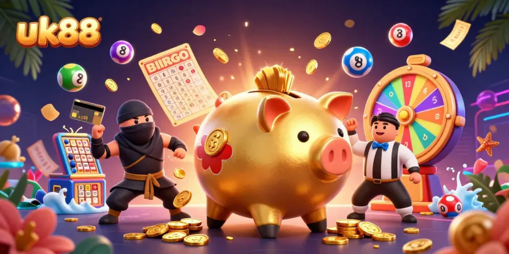 Experience thrilling gameplay at uk88 with a vibrant 3D illustration of casino activities.